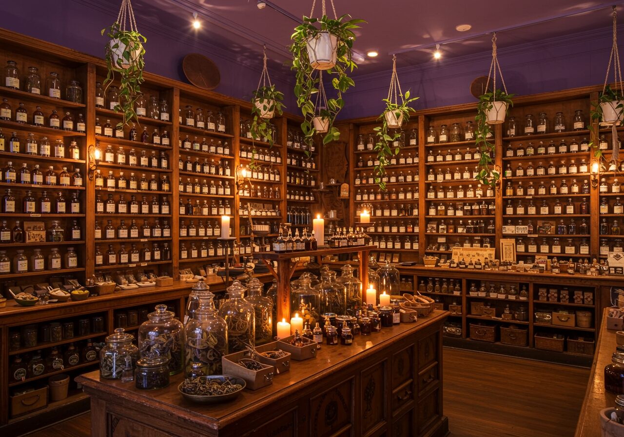 Warm apothecary shop atmosphere